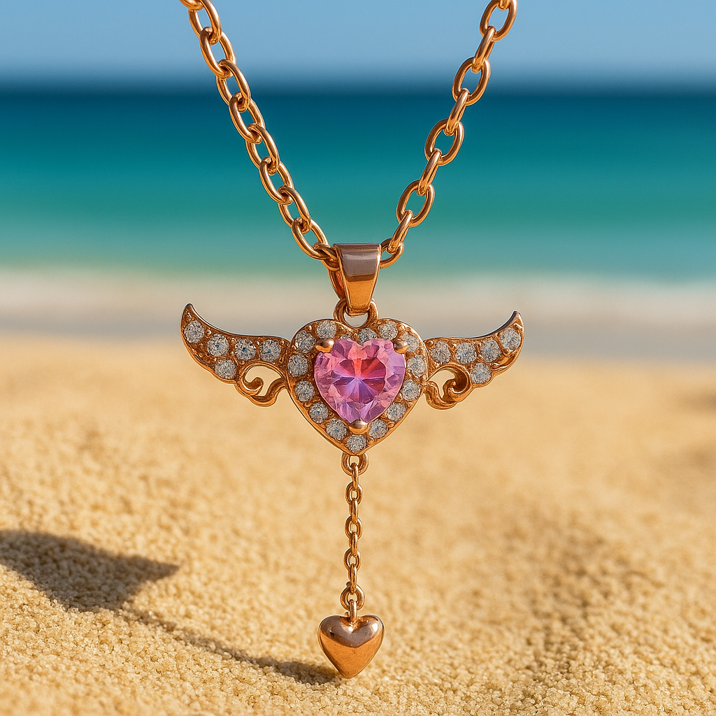 Elegant Rose Gold Angel Wing Pendant Necklace with Heart Charm