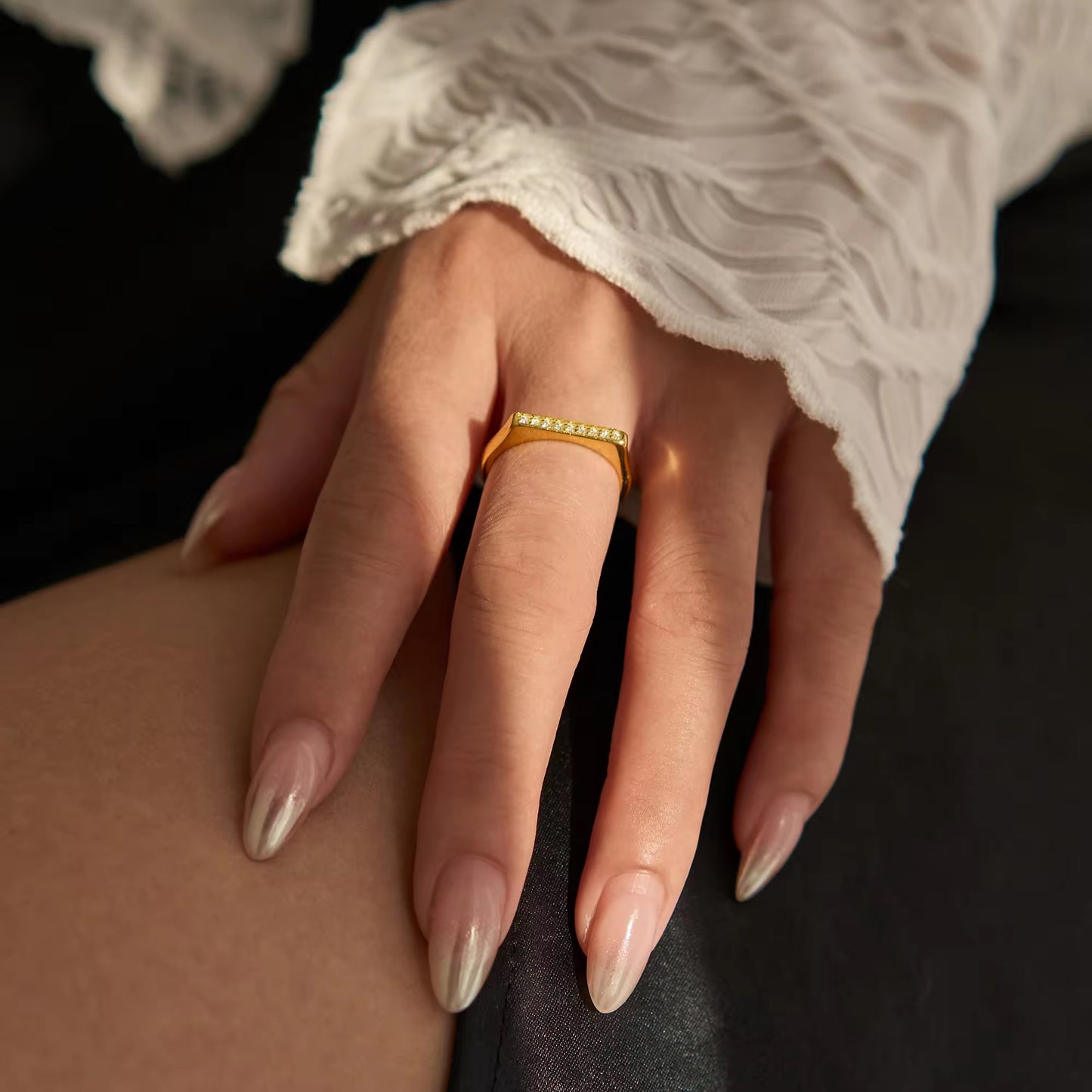 Dainty Minimalist Gold Bar Pave Ring