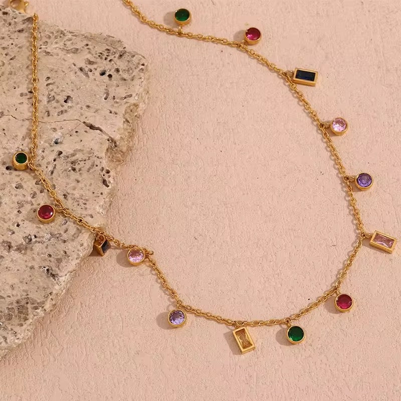 Elegant Multi-Color Gemstone Charm Necklace in Gold Plating