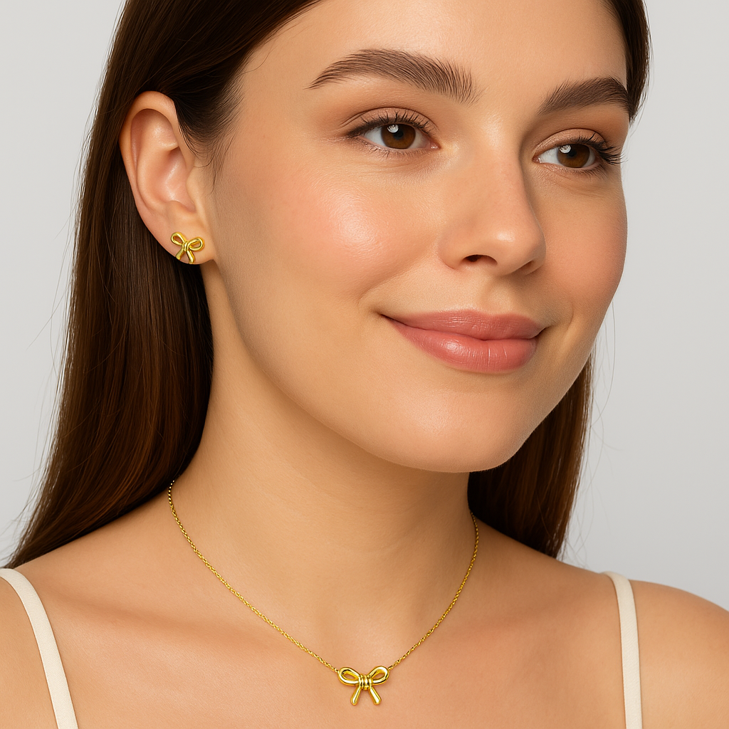 Elegant Gold Bow Knot Necklace & Earring Set