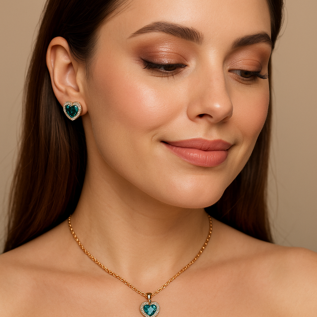 Elegant Heart Pendant and Earring Set with Mint Accents