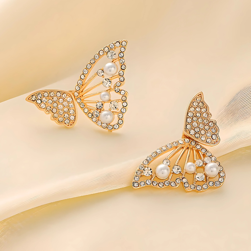 Elegant Butterfly Pearl & Zircon Stud Earrings – Gold Finish