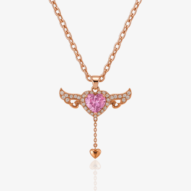 Elegant Rose Gold Angel Wing Pendant Necklace with Heart Charm