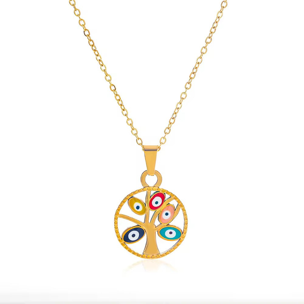 Gold Evil Eye Tree Pendant Necklace