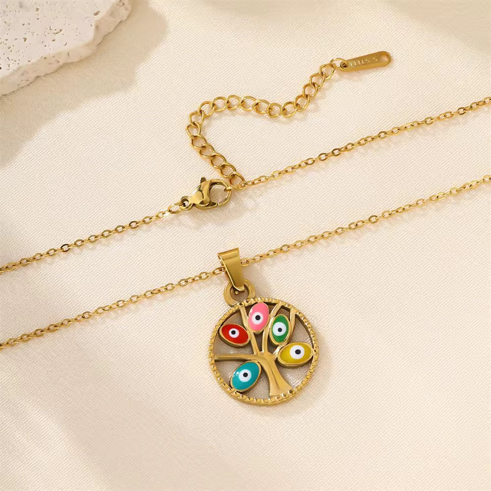 Gold Evil Eye Tree Pendant Necklace