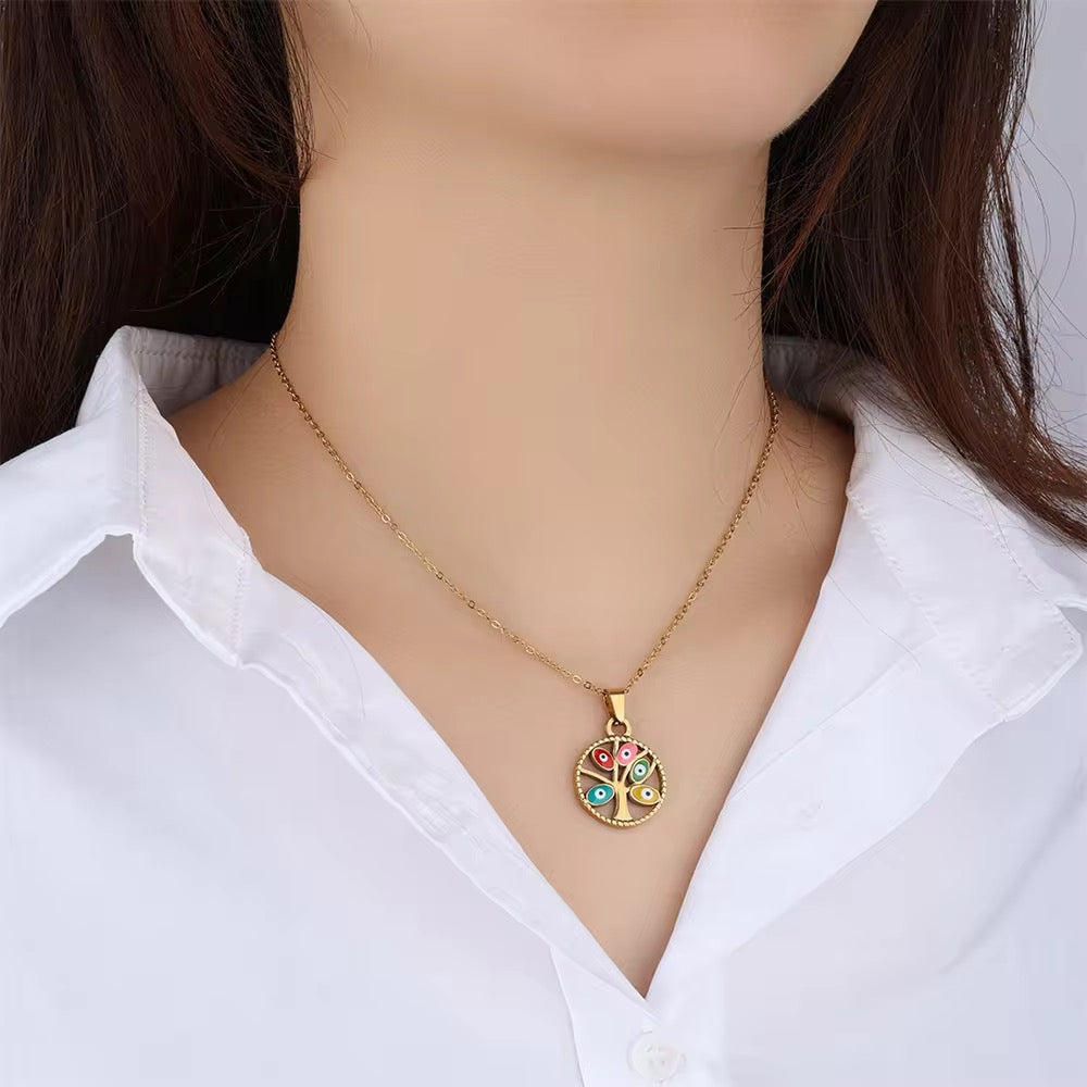Gold Evil Eye Tree Pendant Necklace