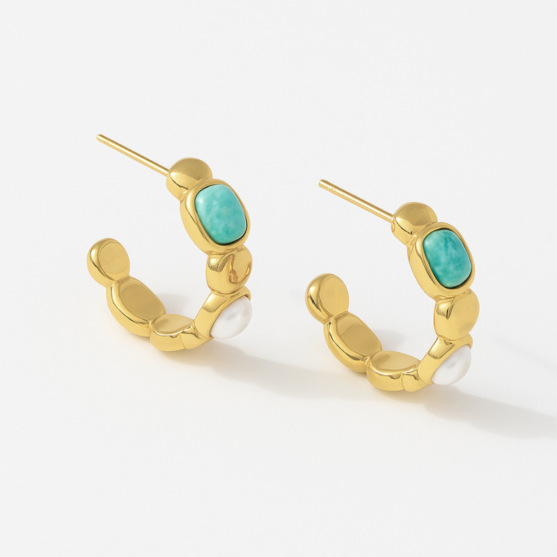 Gold Hoop Earrings with Turquoise & Pearl