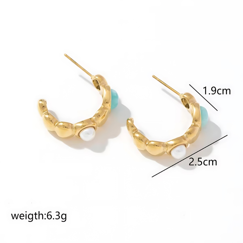 Gold Hoop Earrings with Turquoise & Pearl