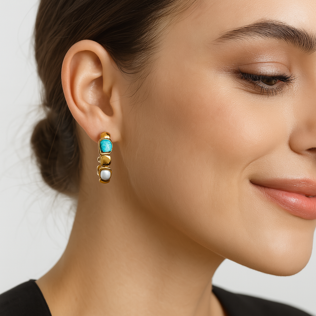 Gold Hoop Earrings with Turquoise & Pearl