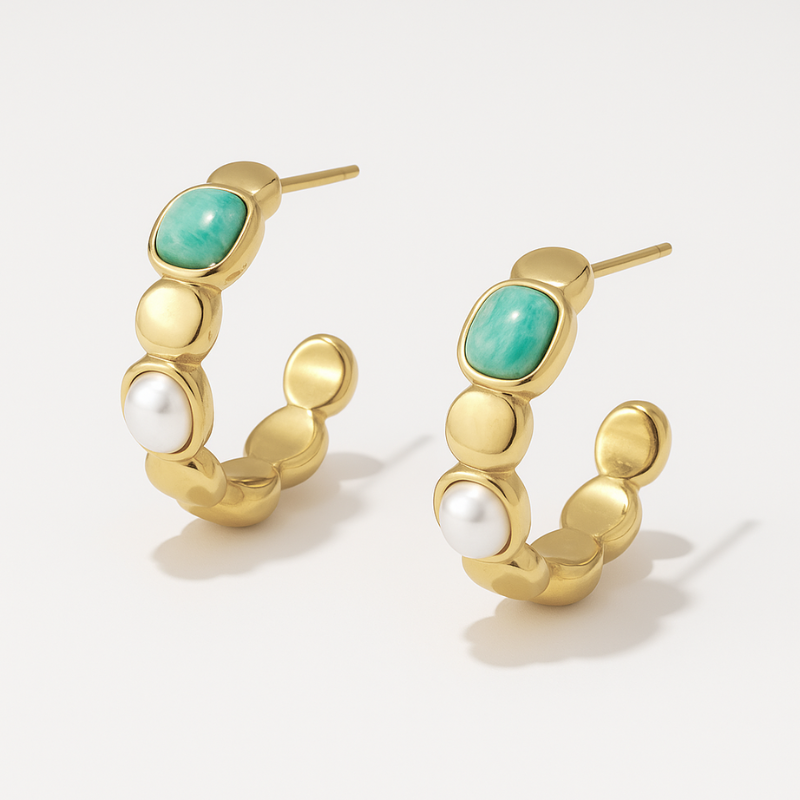Gold Hoop Earrings with Turquoise & Pearl