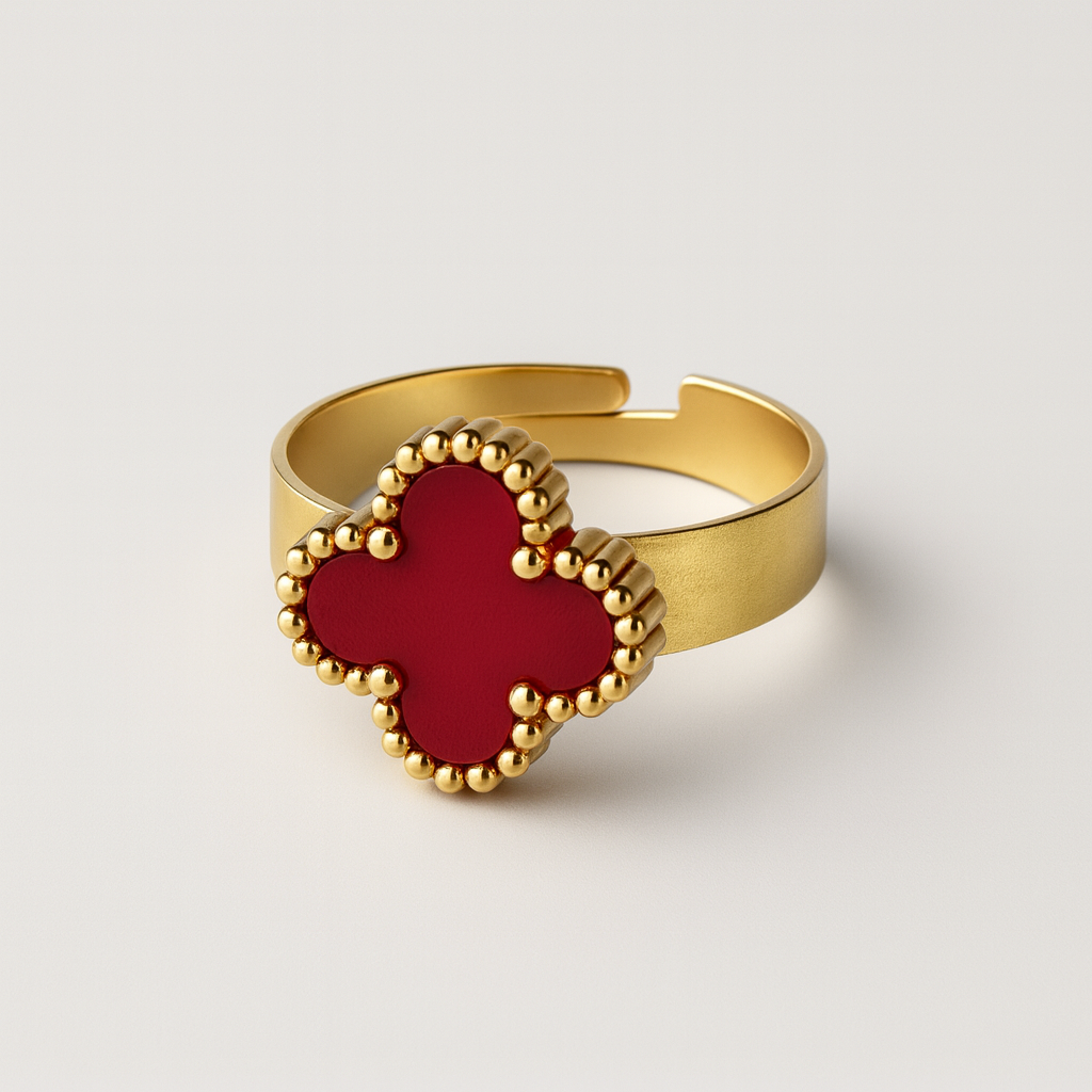 Red Clover Pearl Adjustable Gold Ring