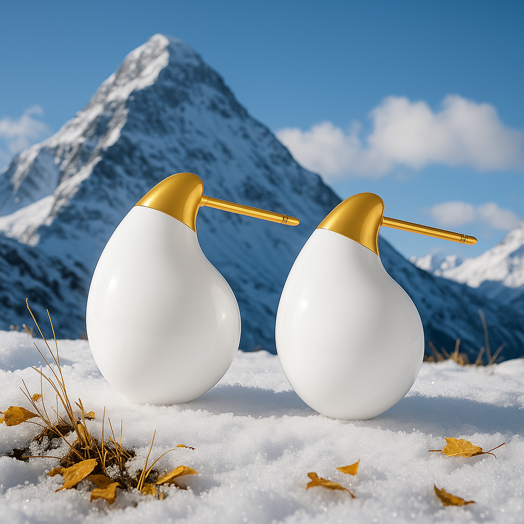 Sculptural White Enamel Teardrop Earrings with Gold Accents