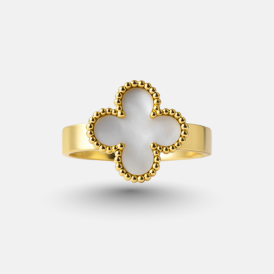 White Clover Pearl Adjustable Gold Ring