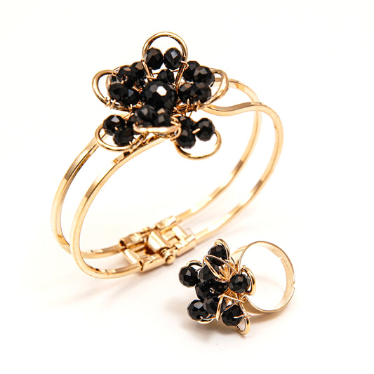 Elegant Black Floral Bangle and Ring Set