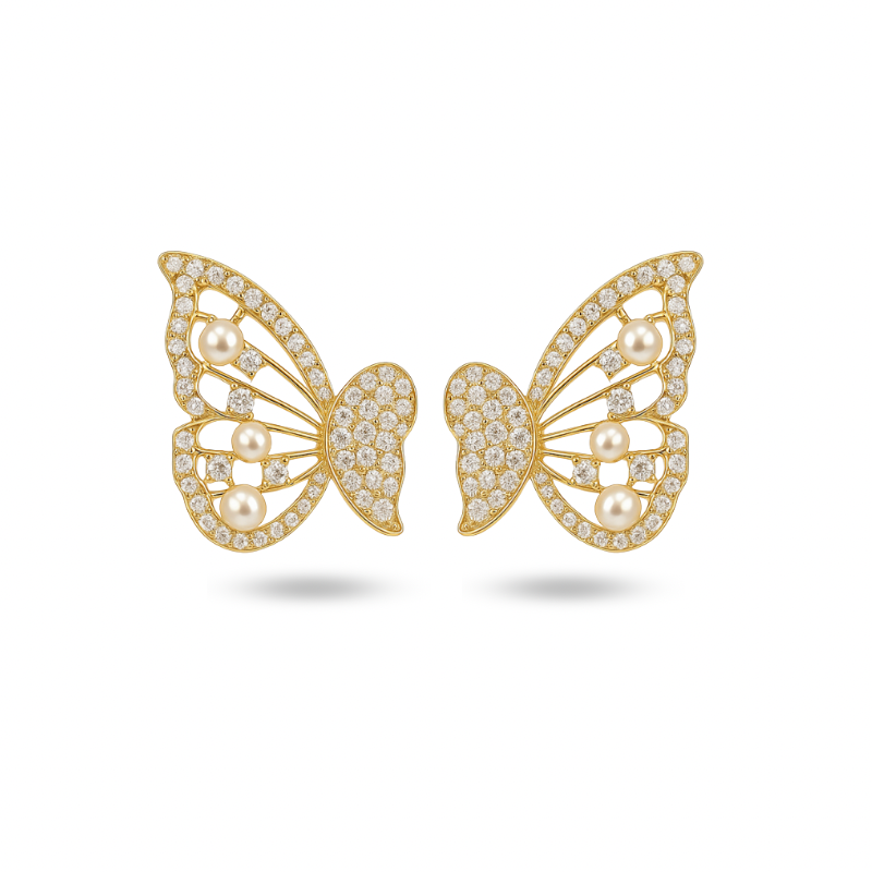 Elegant Butterfly Pearl & Zircon Stud Earrings – Gold Finish