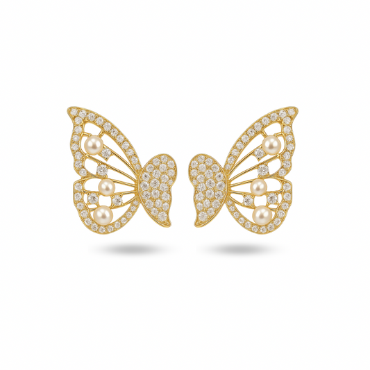 Elegant Butterfly Pearl & Zircon Stud Earrings – Gold Finish
