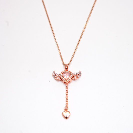 Elegant Rose Gold Angel Wing Pendant Necklace with Heart Charm