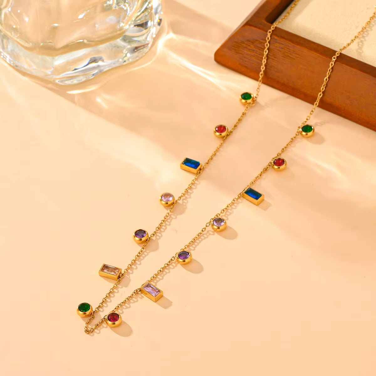 Elegant Multi-Color Gemstone Charm Necklace in Gold Plating