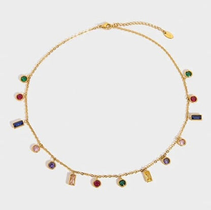 Elegant Multi-Color Gemstone Charm Necklace in Gold Plating