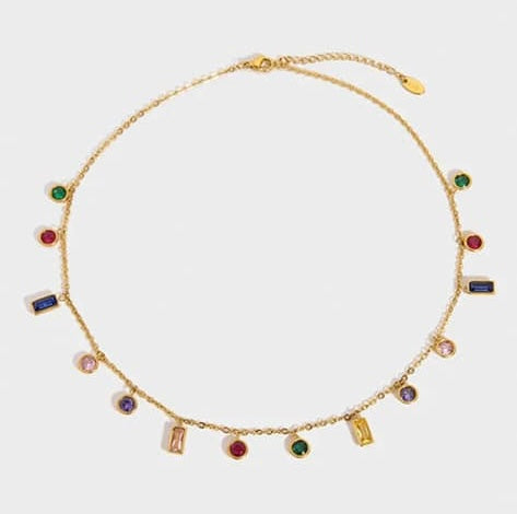 Elegant Multi-Color Gemstone Charm Necklace in Gold Plating