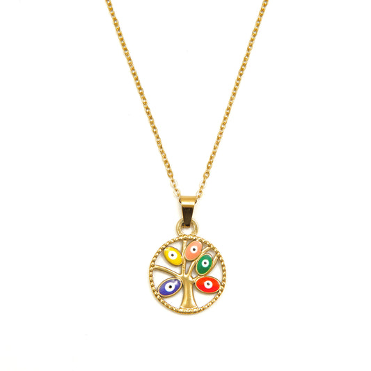 Gold Evil Eye Tree Pendant Necklace