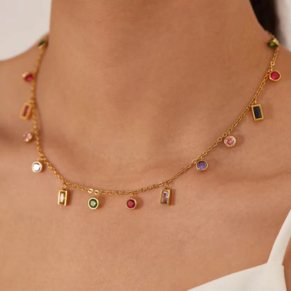 Elegant Multi-Color Gemstone Charm Necklace in Gold Plating