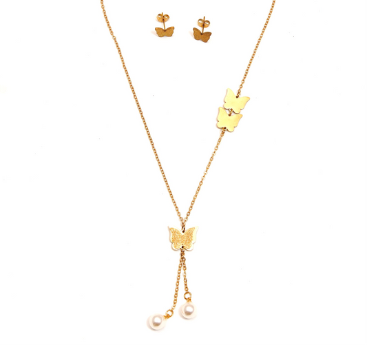 Butterfly-Themed Gold Necklace with Matching Earrings Set