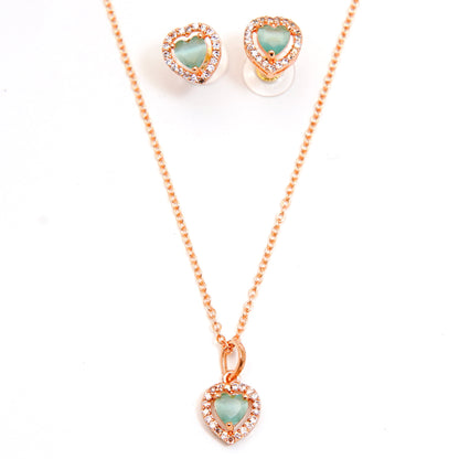 Elegant Heart Pendant and Earring Set with Mint Accents