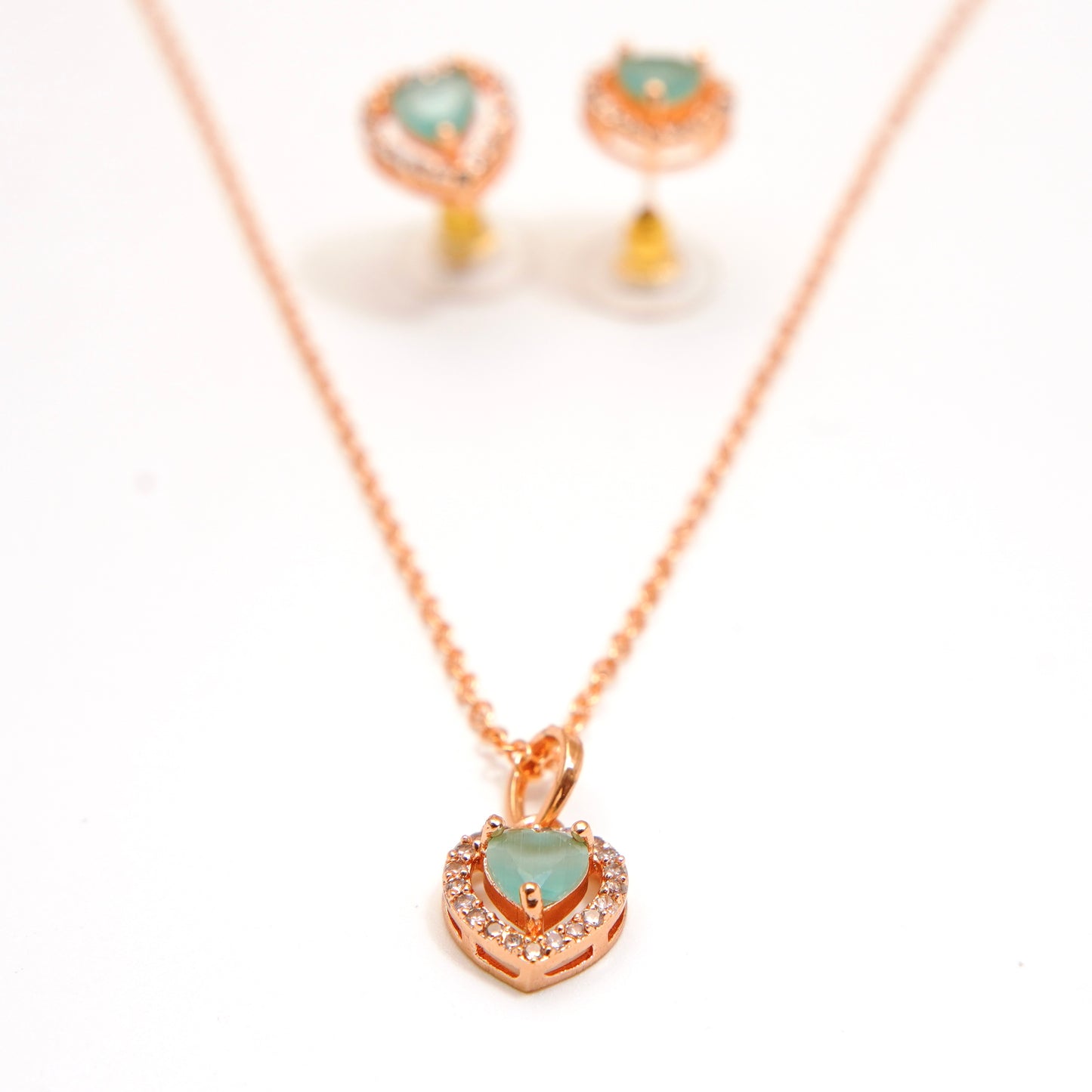 Elegant Heart Pendant and Earring Set with Mint Accents