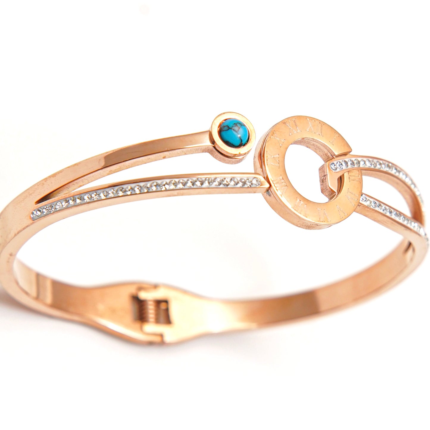 Glamorous Rose Gold Bangle with Turquoise and Diamond Accents