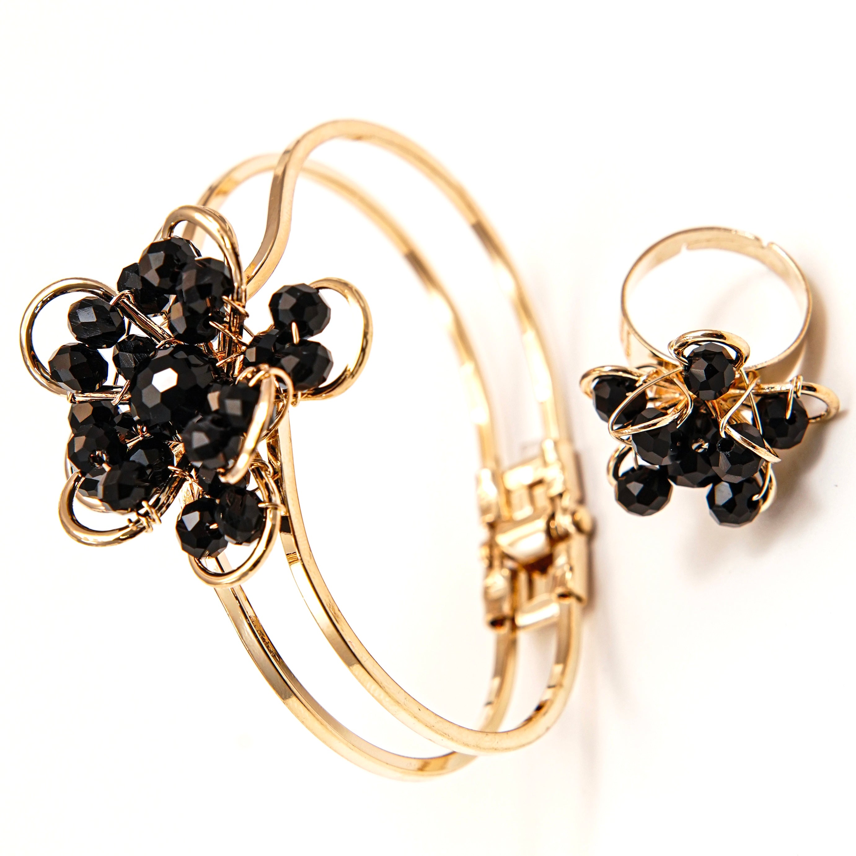 Elegant Black Floral Bangle and Ring Set
