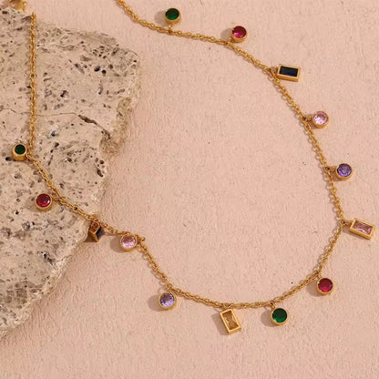 Elegant Multi-Color Gemstone Charm Necklace in Gold Plating