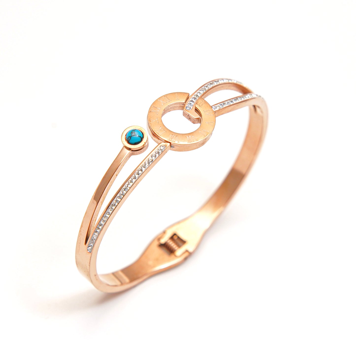 Glamorous Rose Gold Bangle with Turquoise and Diamond Accents