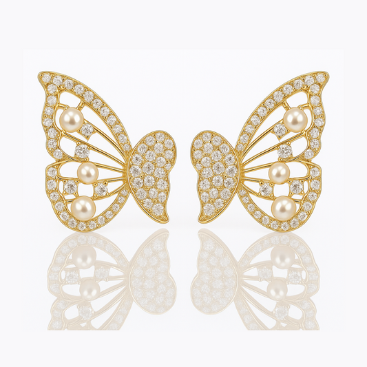 Elegant Butterfly Pearl & Zircon Stud Earrings – Gold Finish
