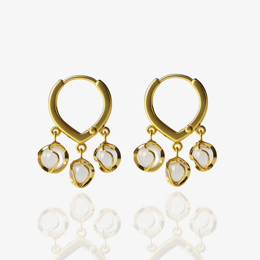 Elegant Gold Hoop Earrings with Triple Pearl Beads Drop