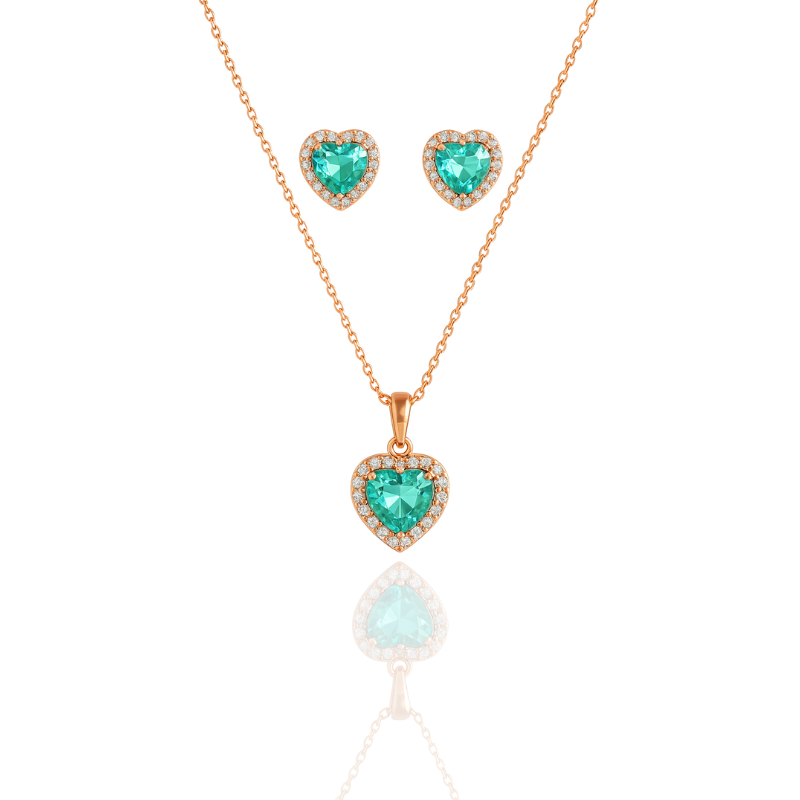 Elegant Heart Pendant and Earring Set with Mint Accents