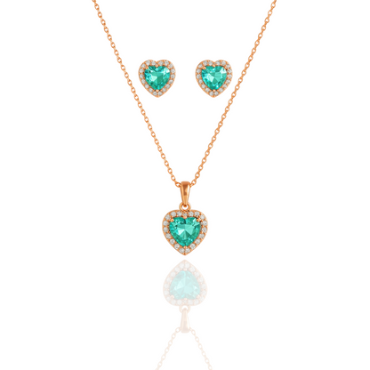 Elegant Heart Pendant and Earring Set with Mint Accents