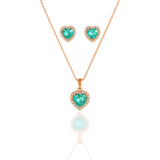 Elegant Heart Pendant and Earring Set with Mint Accents