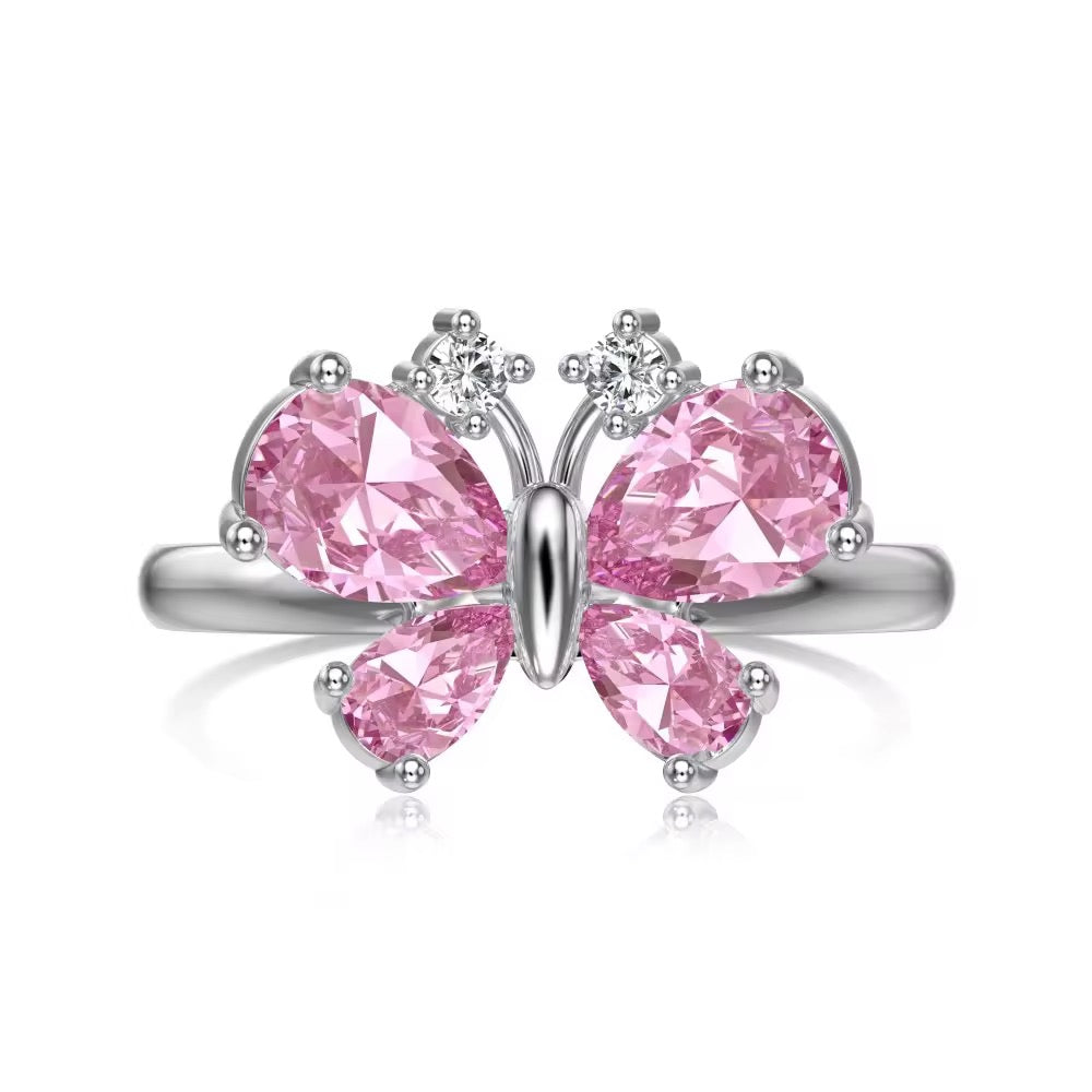 Elegant Pink Gem Butterfly Ring
