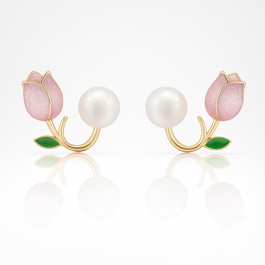 Gold Tulip Pearl Stud Earrings