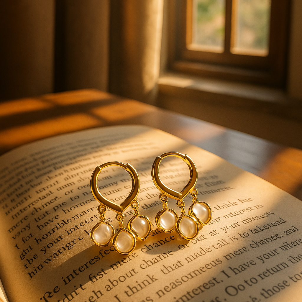 Elegant Gold Hoop Earrings with Triple Pearl Beads Drop