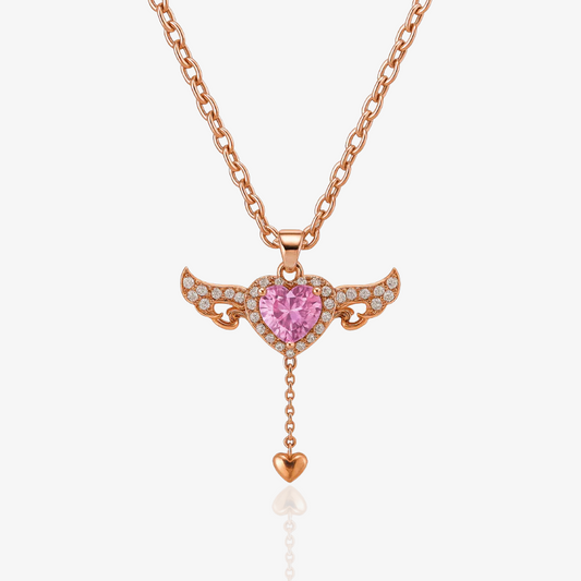 Elegant Rose Gold Angel Wing Pendant Necklace with Heart Charm