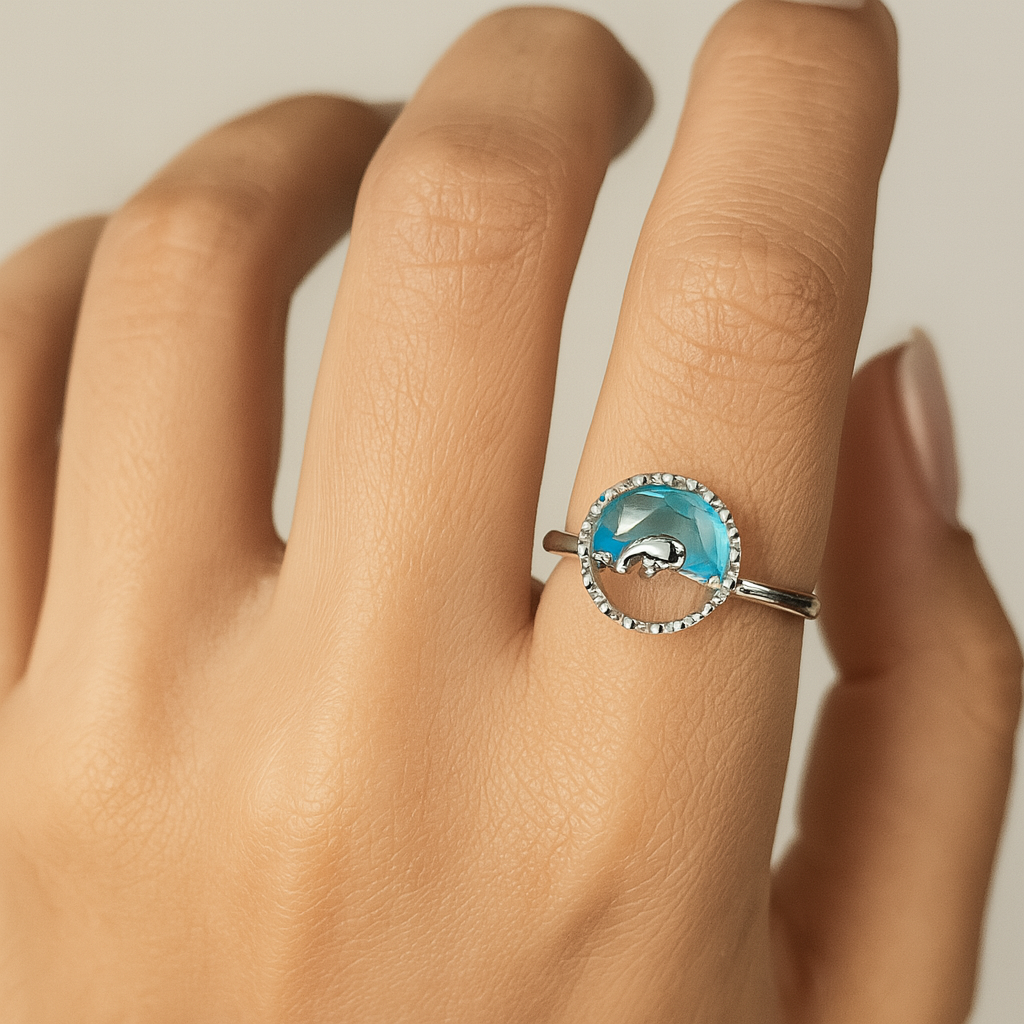 Elegant Silver Open Ring with Aqua Stone