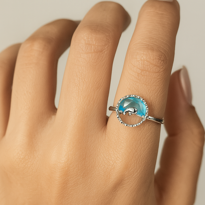Elegant Silver Open Ring with Aqua Stone
