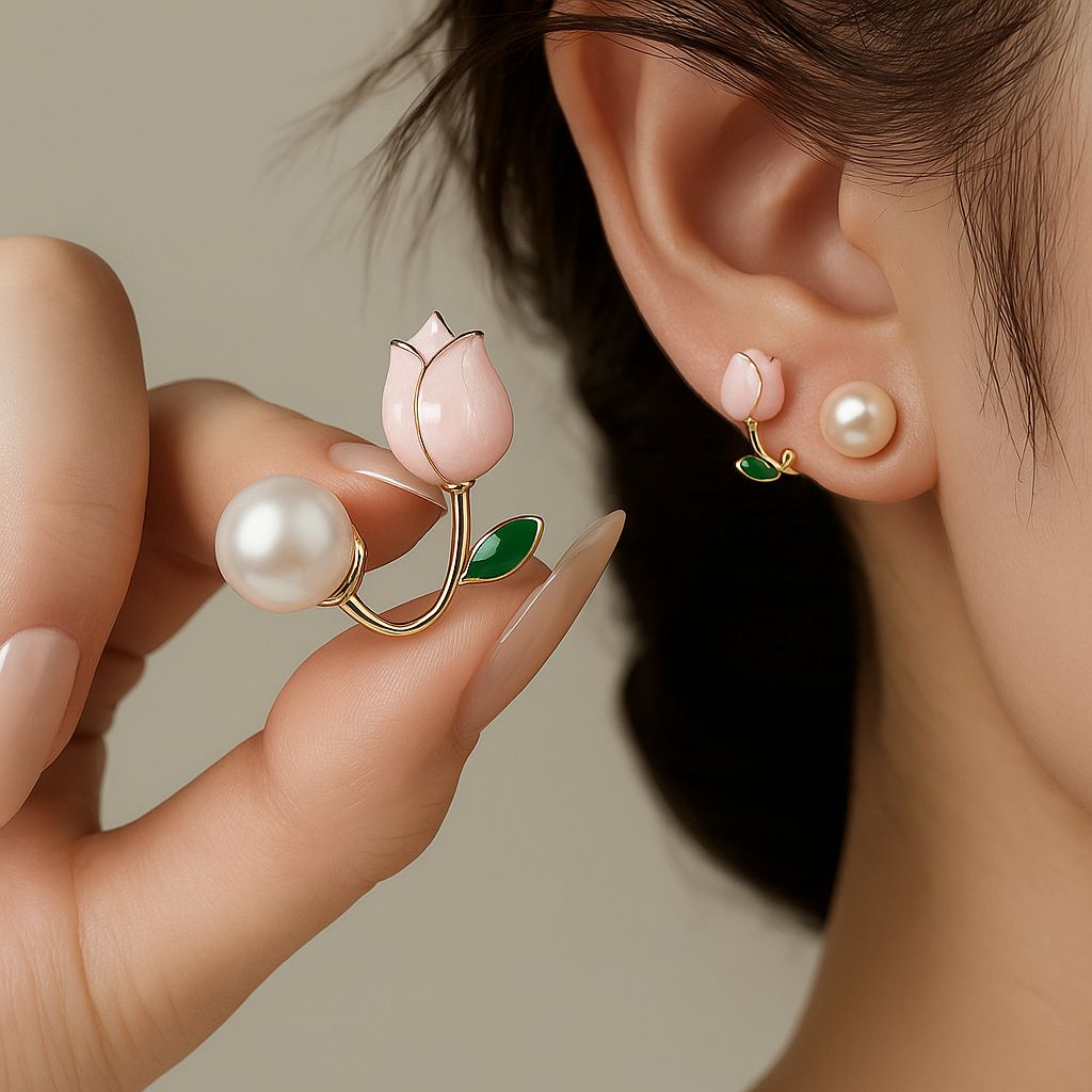 Gold Tulip Pearl Stud Earrings