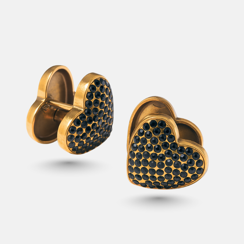 Gold Heart Studs Black Zircon