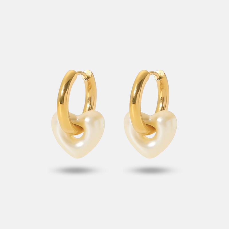 Gold Pearl Heart Hoop Earrings