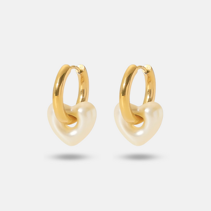 Gold Pearl Heart Hoop Earrings