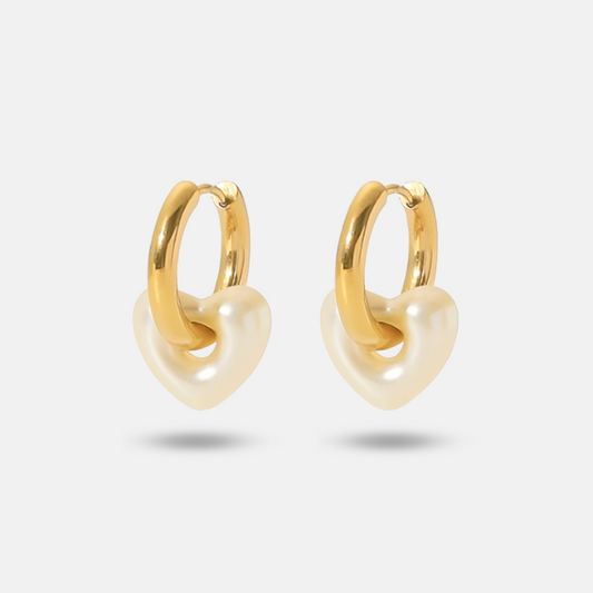 Gold Hoop Earrings with White Pearl Heart Charm