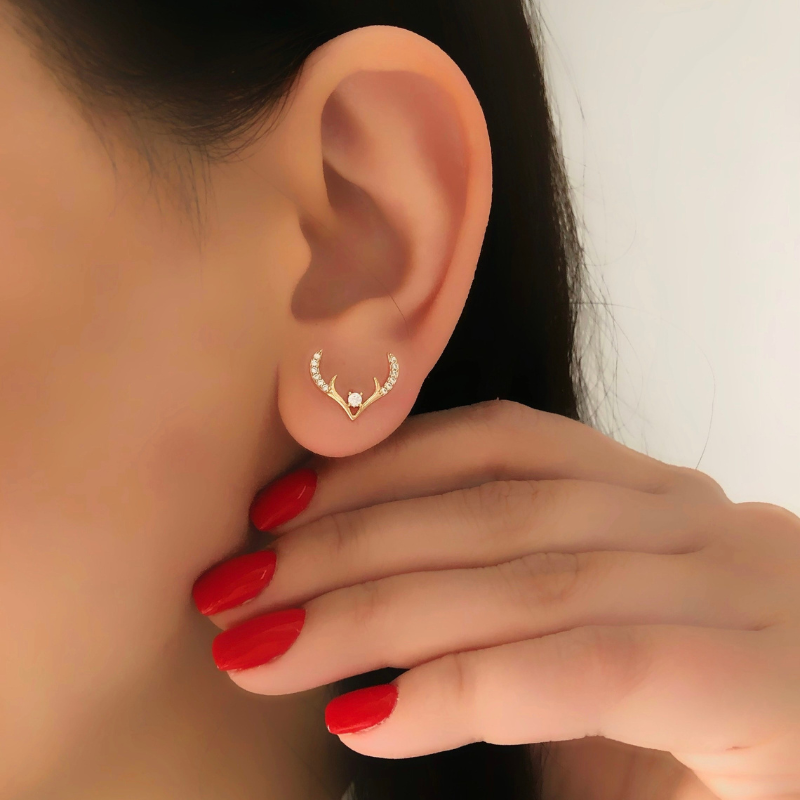 Gold Antler Zircon Stud Earrings